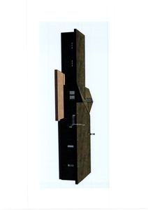 Fasadetegning som viser bygningens utside med vinduer, takform og fasadematerialer.