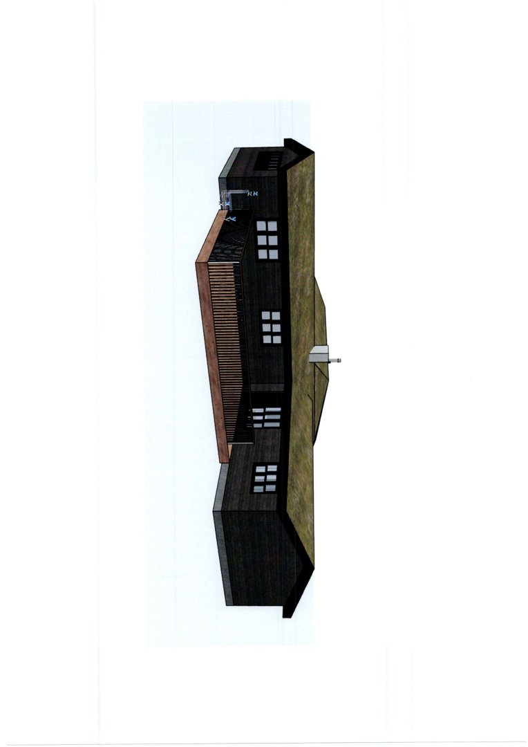 3D-visualisering av en bygning sett fra siden (side-elevasjon) med synlig fasadebehandling og vinduer.