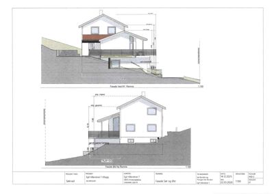 Fasadetegning som viser bygningens utseende fra vest og øst, inkludert høyder, terrassering og takform.