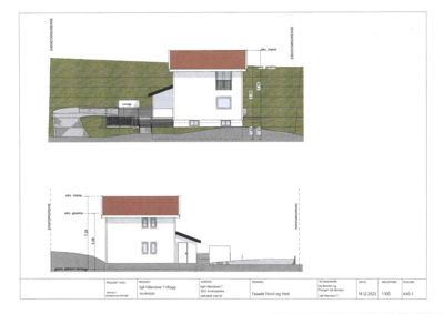 Fasadetegning som viser bygningens utseende sett fra nord og vest, inkludert høydeangivelser og terrengforhold.