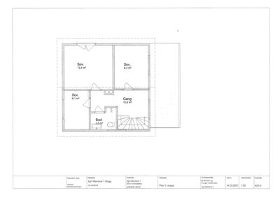 Etasjeplan (Plan 2. etasje) som viser romfordeling med soverom, bad, gang og trapp.