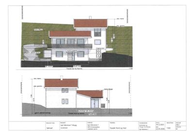 Fasadetegning som viser bygningens utseende sett fra nord og vest, inkludert mål, takform og vindusoppsett.