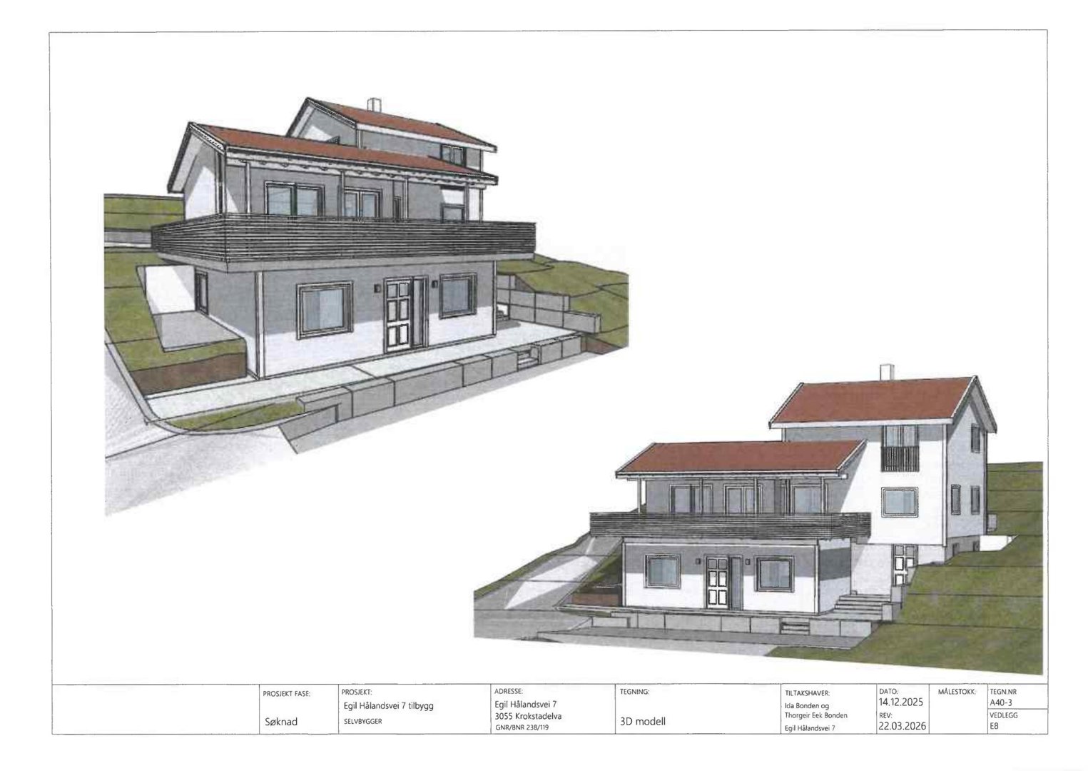 3D-visualisering av en toetasjes bolig sett fra to ulike vinkler (perspektivtegning).