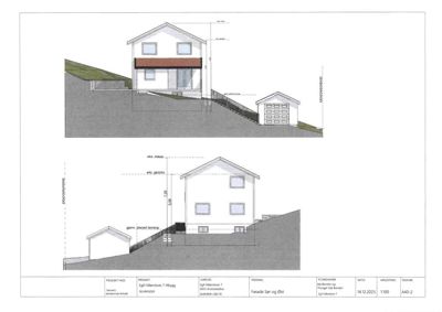 Fasadetegning som viser bygningens utseende fra sør og øst, inkludert høydeangivelser og terrengforhold.