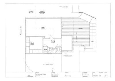 Etasjeplan (Plan 1. etasje) som viser romfordeling, arealer og fasader.