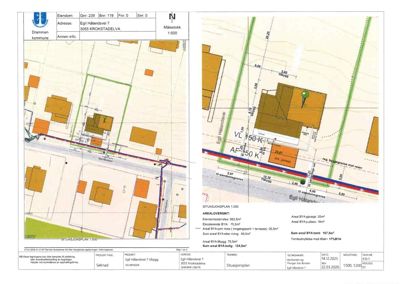 Situasjonsplan som viser tomtens grenser, naboeiendommer, bygningers plassering og arealdata.