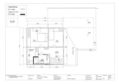 Etasjeplan (Plan 2. etasje) som viser romfordeling, dimensjoner og endringer i et hus.