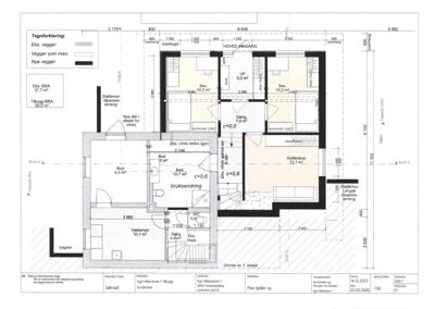Etasjeplan (eller kjellerplan) som viser romfordeling, vegger og mål for en bolig.