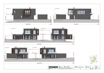 Fasadetegning som viser bygningens utseende fra fire sider (Nord, Sør, Øst, Vest) med mål og høyder.