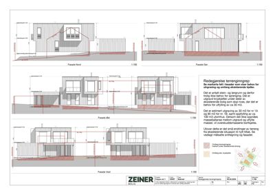 Bildet viser fasadetegninger (Nord, Sør, Øst, Vest) for en boligprosjekt, inkludert terrenginngrep og utgravning.