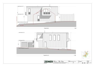 Bildet viser to fasadetegninger (Nord og Sør) for en boligprosjekt, inkludert mål, høyder og vindusoppsett.