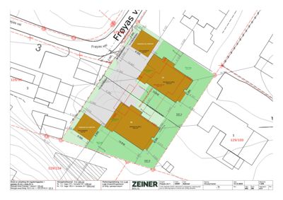Situasjonsplan som viser tomtens grenser, naboeiendommer, bygningers plassering og arealoppdelinger.