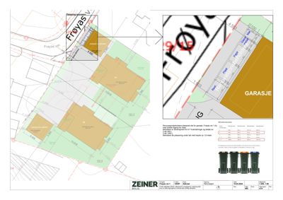 Situasjonsplan som viser plassering av bygninger (boliger, garasje) på tomten i forhold til naboeiendommer og veger.