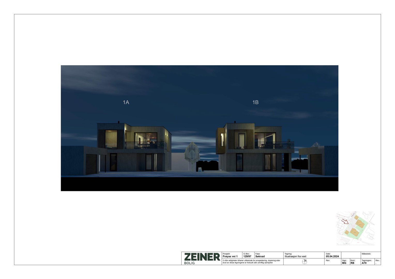 3D-visualisering av to boliger (1A og 1B) sett fra front ved kveldstid.