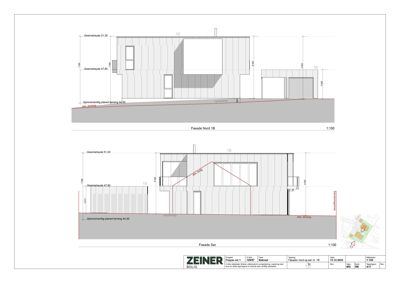 Fasadetegning som viser bygningens utseende fra nord og sør, inkludert høyder, vinduer og takform.
