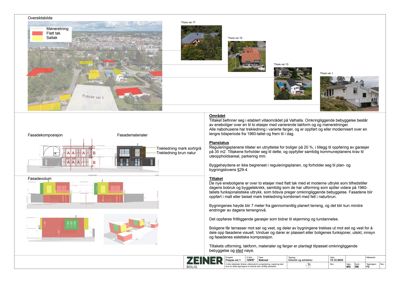 Et sammensatt bilde som viser et oversiktsbilde (flyfoto) av et område, flere mindre foto av eksisterende hus, og illustrasjoner av fasadekomposisjon og fasadevolum.