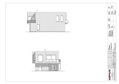 Fasadetegning som viser bygningens utseende fra to vinkler (for- og sidefasade).