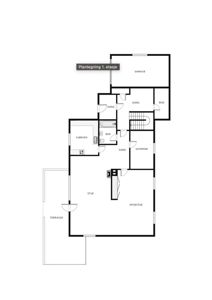 Plantegning av 1. etasje som viser romfordeling med stue, kjøkken, bad, soverom, garasje og bod.
