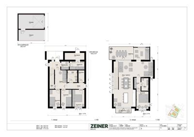 Etasjeplaner for en bolig (1. og 2. etasje) samt en garasjeplan, med romfordeling og mål.