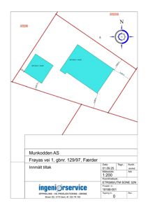 Situasjonsplan som viser tomtens grenser, mål og areal (OK GULV), samt nordsøyle.