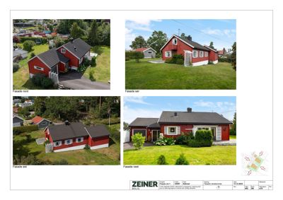 Fotografier av en rød enebolig fra fire ulike vinkler (nord, sør, øst, vest) med tilhørende situasjonsplan i nederste høyre hjørne.