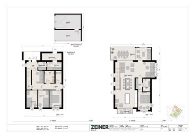 Etasjeplaner (1. og 2. etasje) med romfordeling, mål og arealoppsett for en bolig.