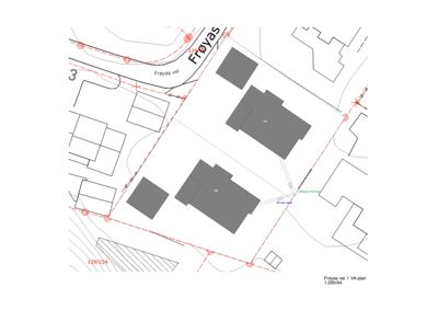 Situasjonsplan (VA-plan) som viser tomtens grenser, bygningers plassering (1A, 1B), veier (Frøyas vei) og vannledningsforbindelser.
