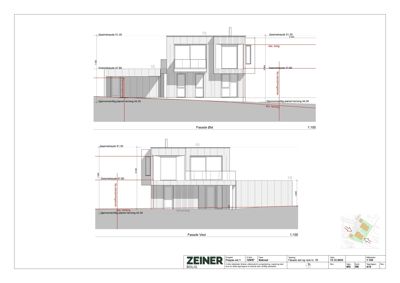 Tegning som viser fasadeopprikk for en bygning sett fra øst og vest, med høydemål og grunnplan.