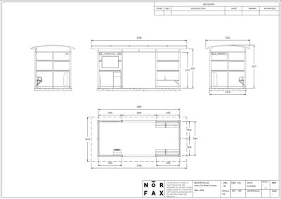 Fasadetegning av en bussholde eller lignende struktur, vist fra tre vinkler (front, side og plan), med mål og detaljer.