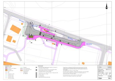 Situasjonsplan som viser tomtens form, grenser, eksisterende og planlagt bebyggelse, samt veger og parkeringsplasser.