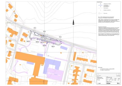 Situasjonsplan som viser tomt, naboeiendommer, veier og eksisterende infrastruktur.