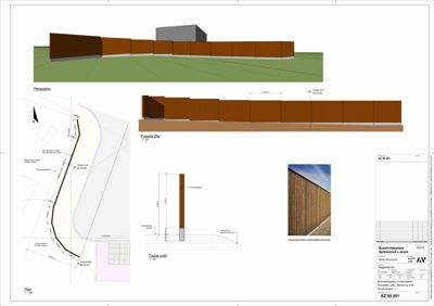 Bildet viser en fasadetegning med et perspektiv, et fasadeopprikk (Fasade Øst) og et typisk snitt av en bygning.