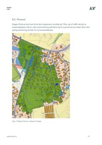 Et kart som viser dagens flomvei, oppstrømsområde og bussholdeplasser i et byområde.