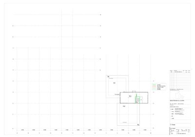 Etasjeplan (1. etasje) som viser romfordeling, vegger og inngangspunkt for en bygning.