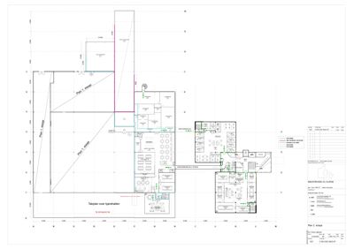 Etasjeplan (Plan 1 og Plan 2) som viser romfordeling, vegger og innredning for et kjøkken og tilhørende områder.