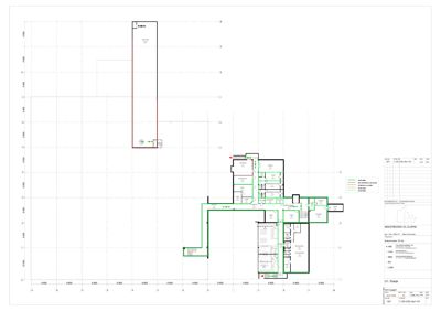 Etasjeplan (1. etasje) som viser romfordeling, vegger og utvendige områder med dimensjoner.