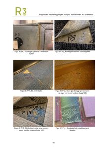 Fotografier fra en rapport som viser detaljer av gulvbelegg og skader under dem (f.eks. fyllmasse, lim, linoleum).