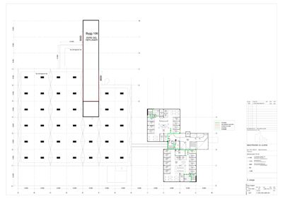 Etasjeplan (2. etasje) som viser romfordeling, vegger og dimensjoner for en bygning.
