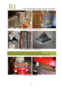 Fotografier fra en rapport som viser detaljer av ventilasjonsskjøter og rørflenser/pakninger med rød farget fyllmasse.