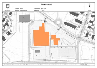 Situasjonskart som viser eiendomsgrunnlinjer, nabobebyggelse og infrastruktur for adressen Industriveien 30.