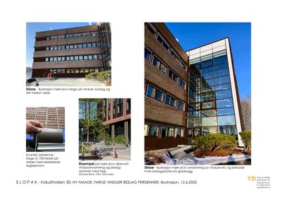 Fotografier av en eksisterende bygning (brunt tegl og glass) med tilhørende tekstbeskrivelser om fargevalg og materialvalg for en ny fasade.