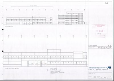 Fasadetegning (utsnitt) av en bygning sett fra syd.