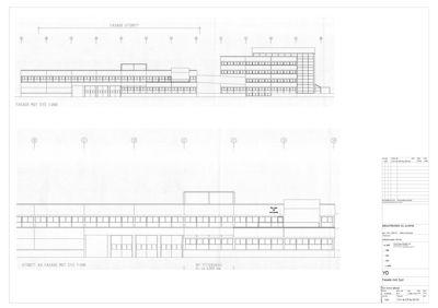 Fasadetegning (utsnitt) av en bygning sett fra sør, med detaljer om vinduer og fasadepaneler.