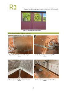 Fotografier fra en rapport som viser detaljer av vinduer, gulvfliser og fuger i et våtrom.