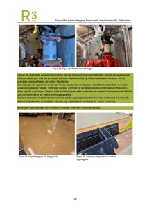 Et dokument fra en rapport som viser flere fotografier av bygningens materialer (rørflenser, gulvbelegg, takapp) og inneholder tekst om asbestkartlegging.