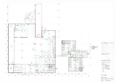 Etasjeplan (Plan 1. etasje) som viser romfordeling, vegger og innredning for en bygning.