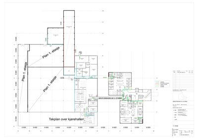 Etasjeplaner (Plan 1. etasje) og takplan over kjørehallen for en bygning.