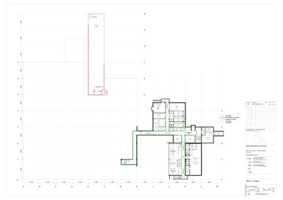 Etasjeplan (Plan 1/1) som viser romfordeling, vegger og inngangspunkt for et bygg.