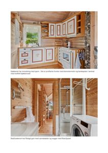 Fotografier av innredning i en hytte eller feriehjem, med beskrivende tekst under hver bilde.