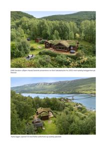 Fotografier av en hytte med utsikt over fjord og fjell. Bildene viser eiendommen fra ulike vinkler.